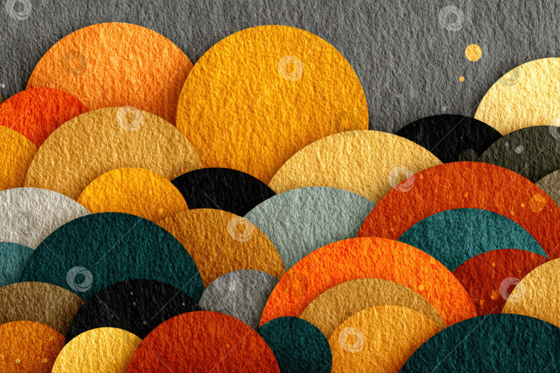 Скачать Абстрактная иллюстрация с изображением ярких кругов теплых оранжевых, желтых и бирюзовых тонов, наложенных слоями на текстурированный серый фон, создает динамичную визуальную композицию фотосток Ozero