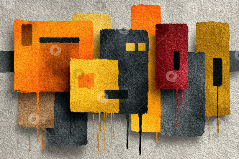 Скачать Абстрактная акварельная иллюстрация с яркими цветовыми блоками оранжевого, желтого, серого и красного цветов создает динамичную композицию с текстурированным фоном и художественным колоритом фотосток Ozero