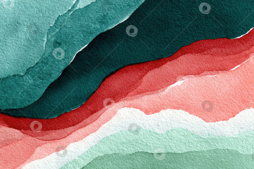 Скачать Акварельная иллюстрация с многослойными абстрактными волнами в оттенках зеленого, красного и розового, создающая гармоничное сочетание цветов и текстур для художественных фонов. фотосток Ozero