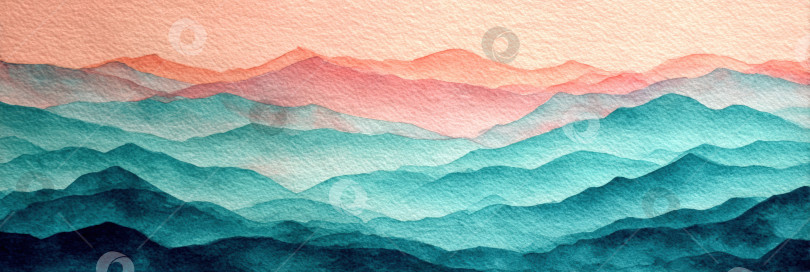 Скачать Акварельная иллюстрация безмятежного горного пейзажа со слоистыми вершинами в оттенках синего и зеленого, переходящими в нежно-розовое небо на закате, навевающее спокойствие и природную красоту фотосток Ozero