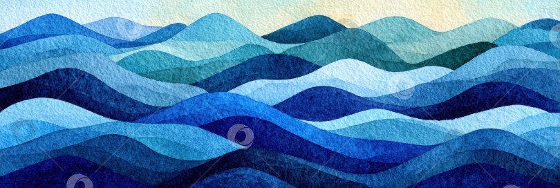 Скачать Акварельная иллюстрация безмятежных океанских волн различных оттенков синего, создающая успокаивающую атмосферу с нежными изгибами и текстурами, навевающими спокойствие и красоту природы. фотосток Ozero