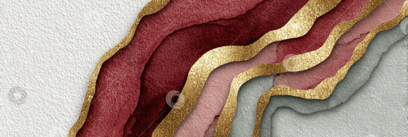 Скачать Абстрактная акварельная иллюстрация с многослойными текстурами в оттенках красного, розового и золотого цветов создает визуально поразительную композицию с элегантными изгибами и глубиной фотосток Ozero