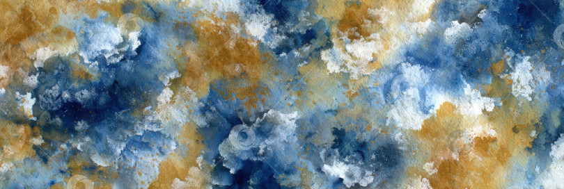 Скачать Абстрактная акварельная иллюстрация, сочетающая синие, золотые и белые оттенки, создает текстурированный фон с мягкими облачными образованиями и художественной глубиной для творческих проектов. фотосток Ozero