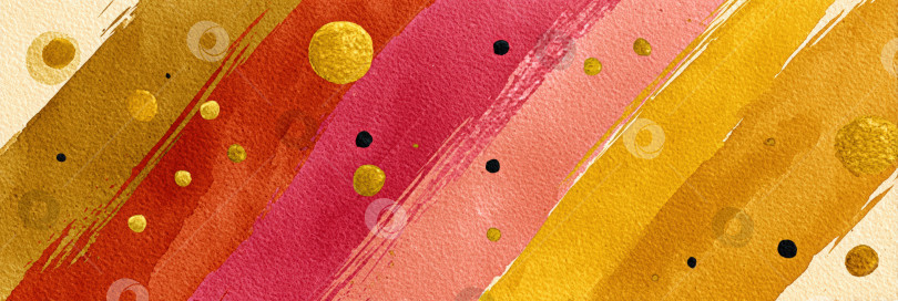 Скачать Яркая акварельная иллюстрация, выполненная смелыми мазками розового, оранжевого и желтого цветов с разбросанными черными и золотыми точками, создает энергичный и динамичный абстрактный фон для творческих проектов. фотосток Ozero