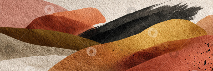 Скачать Абстрактная акварельная иллюстрация с плавными формами в теплых тонах оранжевого, коричневого и черного, создающая гармоничное сочетание цветов и текстур для художественных фонов. фотосток Ozero