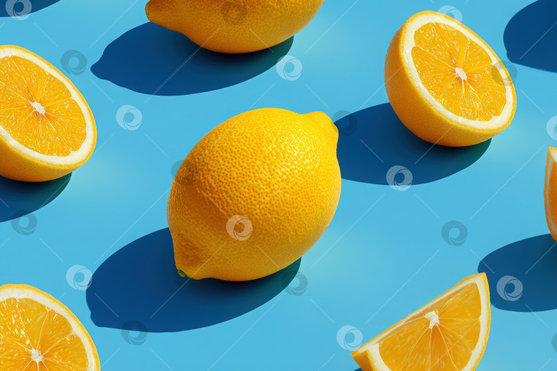 Скачать Свежие лимоны и лимонные дольки, расположенные на ярко-синем фоне, демонстрируют яркие цвета и тени, создавая живую и освежающую атмосферу для кулинарного или дизайнерского использования. фотосток Ozero