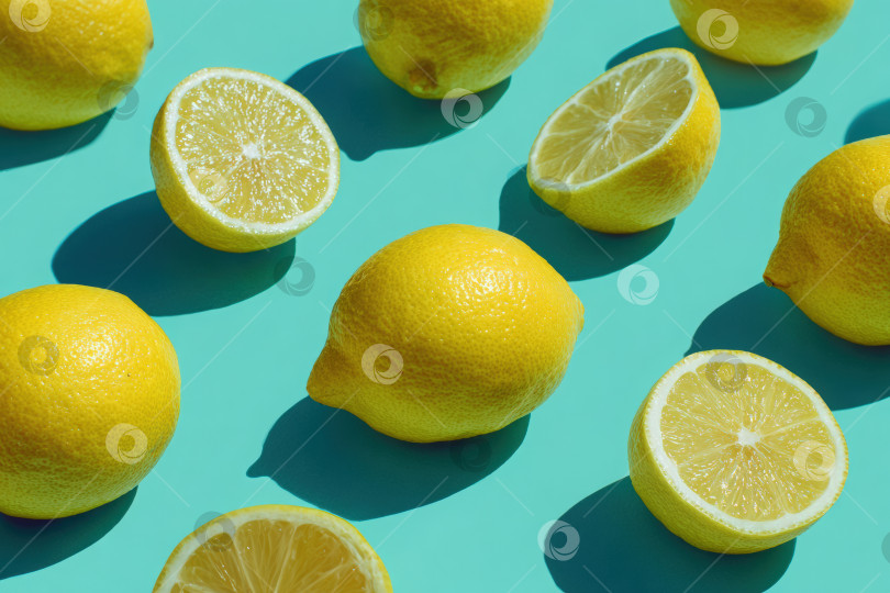 Скачать Свежие лимоны, расположенные на ярком бирюзовом фоне, демонстрируют целые и нарезанные фрукты, подчеркивая их ярко-желтый цвет и освежающую привлекательность для кулинарных и дизайнерских целей. фотосток Ozero