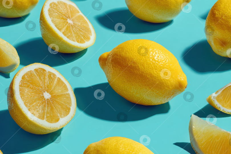 Скачать Свежие лимоны, целые и нарезанные ломтиками, расположены на ярком бирюзовом фоне, демонстрируя свой ярко-желтый цвет и сочную текстуру, идеально подходящие для приготовления блюд или напитков. фотосток Ozero