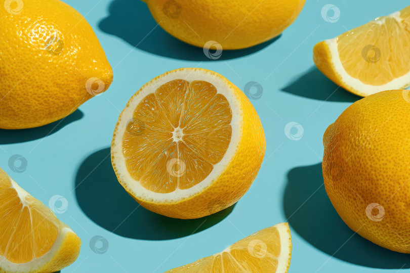 Скачать Свежие желтые лимоны, расположенные на ярко-синем фоне, демонстрируют целые фрукты и нарезанные кусочки, подчеркивая их сочную текстуру и яркий цвет для кулинарного вдохновения фотосток Ozero