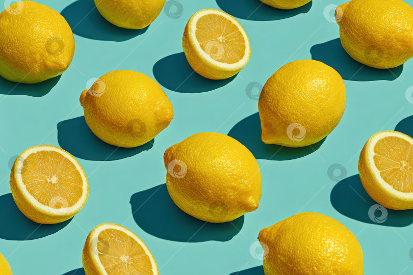 Скачать Свежие желтые лимоны, расположенные на ярком бирюзовом фоне, демонстрируют целые и нарезанные фрукты, подчеркивая их яркий цвет и натуральную текстуру для вдохновения в кулинарии и дизайне. фотосток Ozero