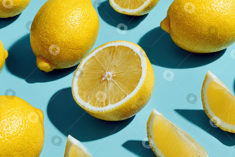 Скачать Свежие лимоны, расположенные на ярком синем фоне, демонстрируют целые фрукты и нарезанные кусочки, подчеркивая сочную текстуру и яркий цвет цитрусовых фотосток Ozero