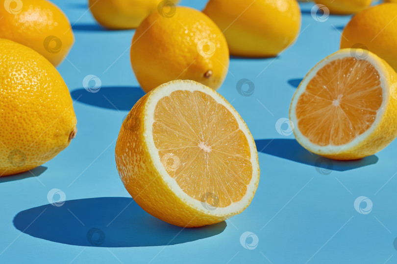 Скачать Свежие лимоны, выложенные на ярко-синюю поверхность, демонстрируют целые и нарезанные фрукты, подчеркивая их ярко-желтый цвет и текстуру кожуры, что идеально подходит для кулинарной тематики или тематики, связанной со здоровьем. фотосток Ozero