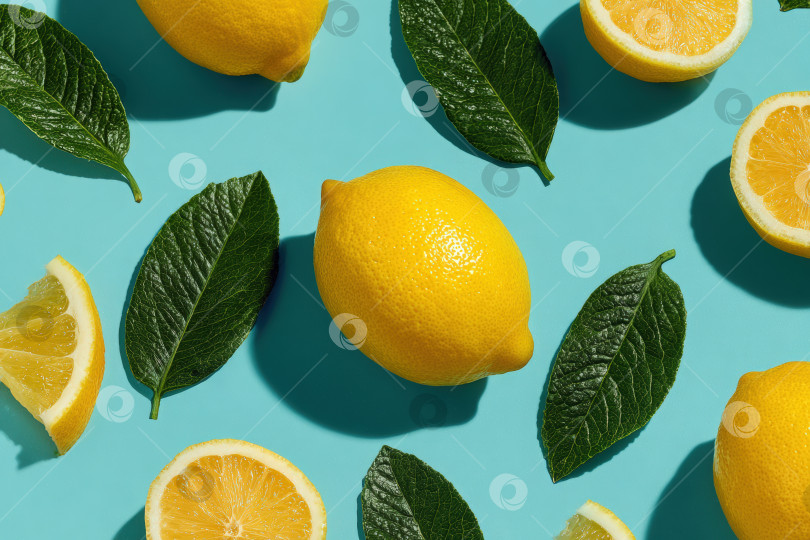 Скачать Свежие желтые лимоны и зеленые листья, расположенные на ярком бирюзовом фоне, демонстрируют естественную красоту и свежесть цитрусовых в визуально привлекательной композиции фотосток Ozero