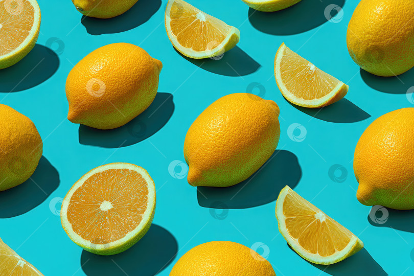 Скачать Свежие лимоны и апельсины, расположенные на ярком бирюзовом фоне, демонстрируют свои яркие цвета и текстуры, создавая живое и освежающее визуальное впечатление фотосток Ozero