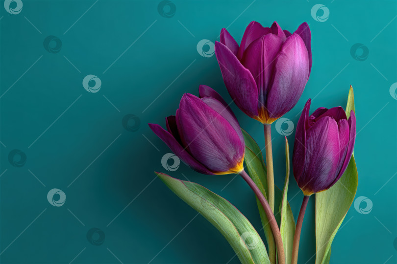 Скачать Яркие фиолетовые тюльпаны с пышными зелеными листьями, элегантно расположенные на бирюзовом фоне, демонстрируют красоту природы и цветочное мастерство в потрясающей композиции фотосток Ozero