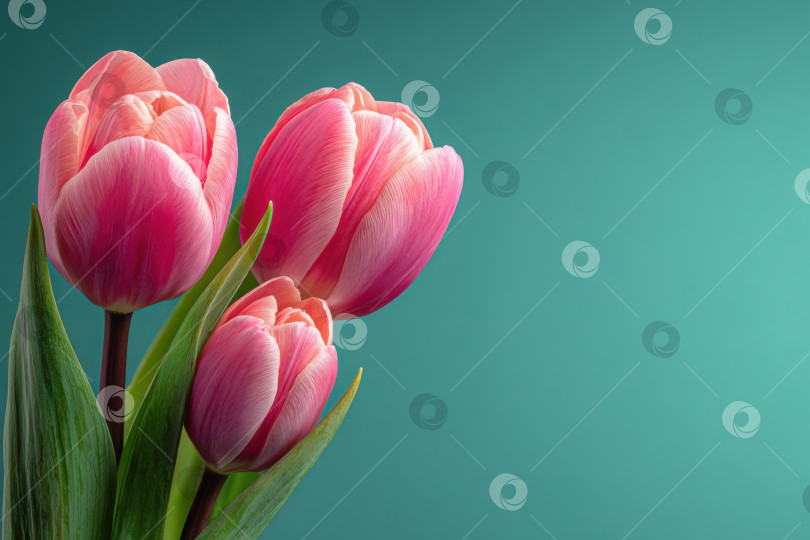 Скачать Яркие розовые тюльпаны с пышными зелеными листьями, элегантно расположенные на мягком бирюзовом фоне, демонстрируют красоту весенних цветов в безмятежной обстановке фотосток Ozero