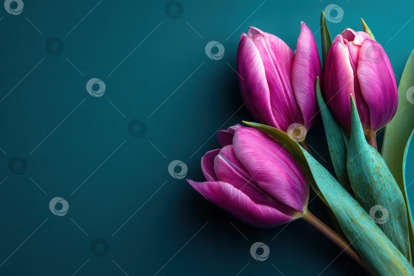 Скачать Яркие розовые тюльпаны с пышными зелеными листьями, искусно расположенными на бирюзовом фоне, демонстрируют красоту природы и цветочную элегантность в потрясающей композиции фотосток Ozero