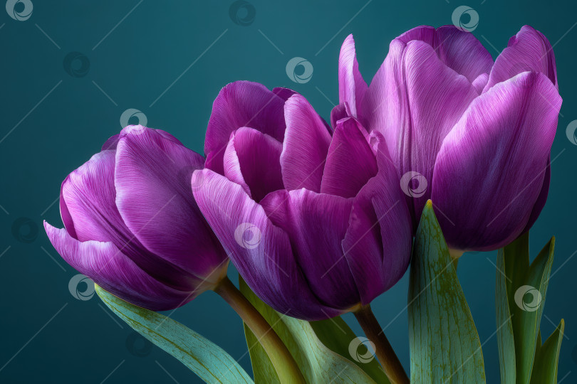Скачать Яркие фиолетовые тюльпаны с нежными лепестками и пышными зелеными листьями искусно расположены на нежно-бирюзовом фоне, демонстрируя естественную красоту и элегантность цветочного дизайна фотосток Ozero