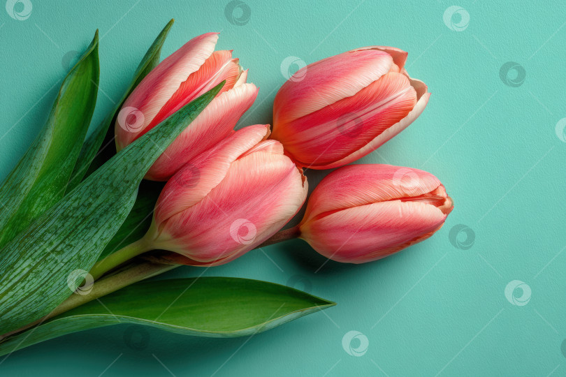 Скачать Розовые тюльпаны с яркими зелеными листьями, элегантно расположенные на нежно-бирюзовом фоне, демонстрируют красоту весенних цветов в свежей и современной обстановке фотосток Ozero