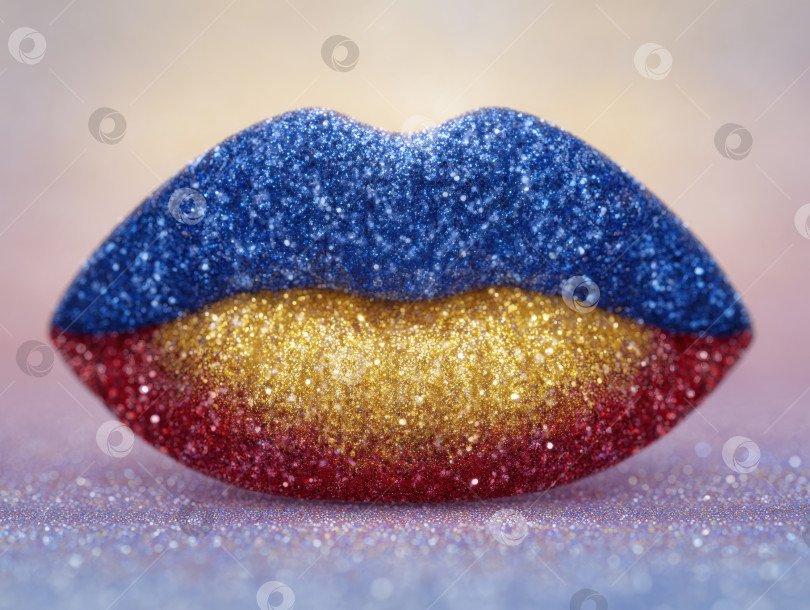 Скачать Ультрареалистичный рисунок для губ, покрытый блестками, в ярких синих, золотых и красных тонах фотосток Ozero