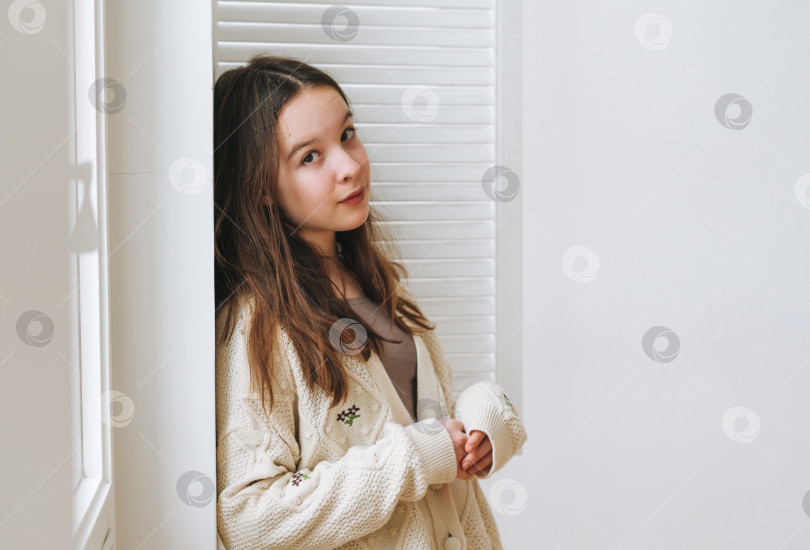 Скачать Портрет красивой девочки-подростка с длинными темными волосами возле окна на белом фоне фотосток Ozero