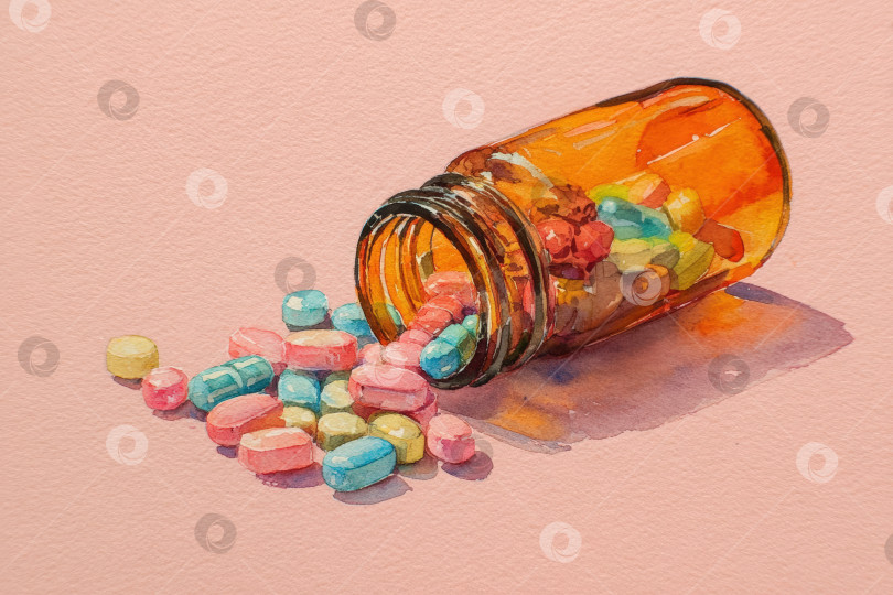Скачать Красочный ассортимент таблеток, высыпающихся из стеклянной баночки на нежно-розовом фоне, демонстрирует яркие оттенки и текстуры в игривом оформлении на тему здоровья и хорошего самочувствия фотосток Ozero