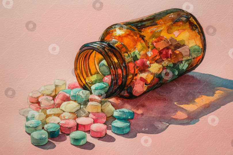 Скачать Разноцветные таблетки, разбросанные по перевернутой банке из янтарного стекла на нежно-розовом фоне, демонстрируют яркую текстуру и игривую композицию различных форм и размеров. фотосток Ozero