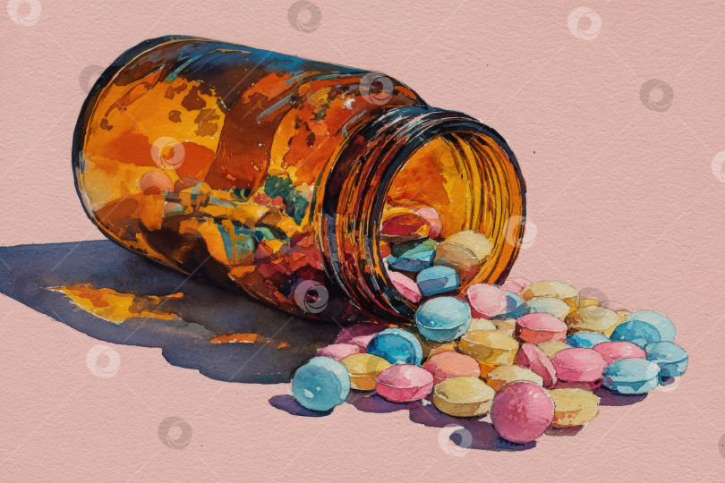 Скачать Разноцветные таблетки, высыпающиеся из стеклянной баночки на нежно-розовом фоне, демонстрирующие яркие оттенки и текстуру, создают привлекательную и игривую атмосферу для тематики здоровья и хорошего самочувствия фотосток Ozero