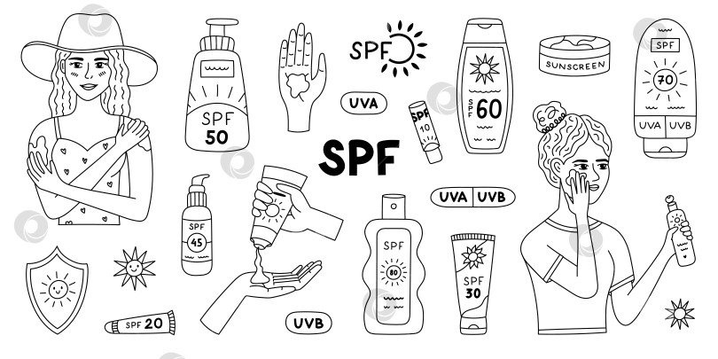 Скачать В большом наборе lovely outline, посвященном защите от SPF, женщины наносят солнцезащитный крем, используют различные тюбики и бутылочки с кремом для загара. Косметический рисунок, защищающий от ультрафиолетовых лучей, выделенный на белом фоне. фотосток Ozero