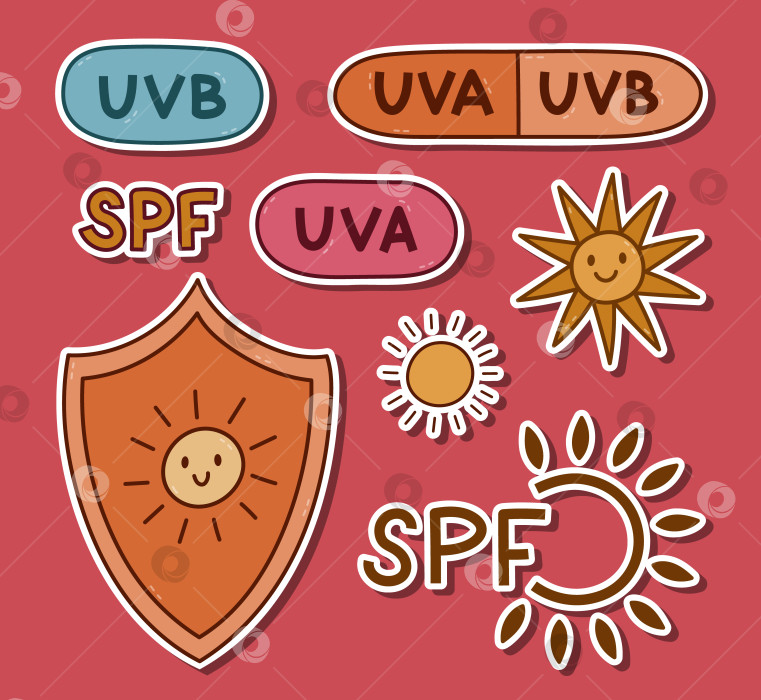 Скачать Прекрасный лист наклеек с яркими контурами и символами SPF-защиты для планировщиков, блокнота, ежедневника. Готов к печати список наклеек, нарисованных от руки, с изображением солнцезащитного экрана, пузырьков с UVA и UVB-кремами для загара. фотосток Ozero