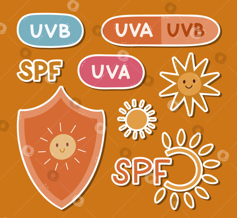 Скачать Набор мультяшных наклеек с символикой SPF-защиты для ежедневников, записных книжек, ежедневничков. Готовый к печати список наклеек, нарисованных от руки, с изображением щита с обозначениями sun, UVA и UVB для солнцезащитных кремов. фотосток Ozero