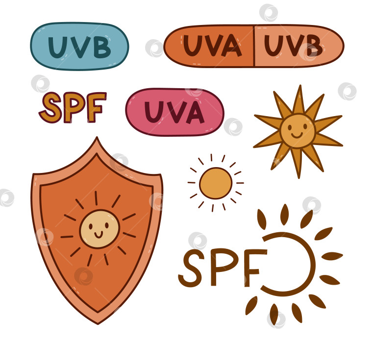 Скачать Красивый яркий контур с символами защиты SPF. Детские рисунки от руки с изображением щита от солнца, пузырьки с обозначениями UVA и UVB для солнцезащитного крема, солнцезащитный продукт, выделенный на заднем плане. фотосток Ozero