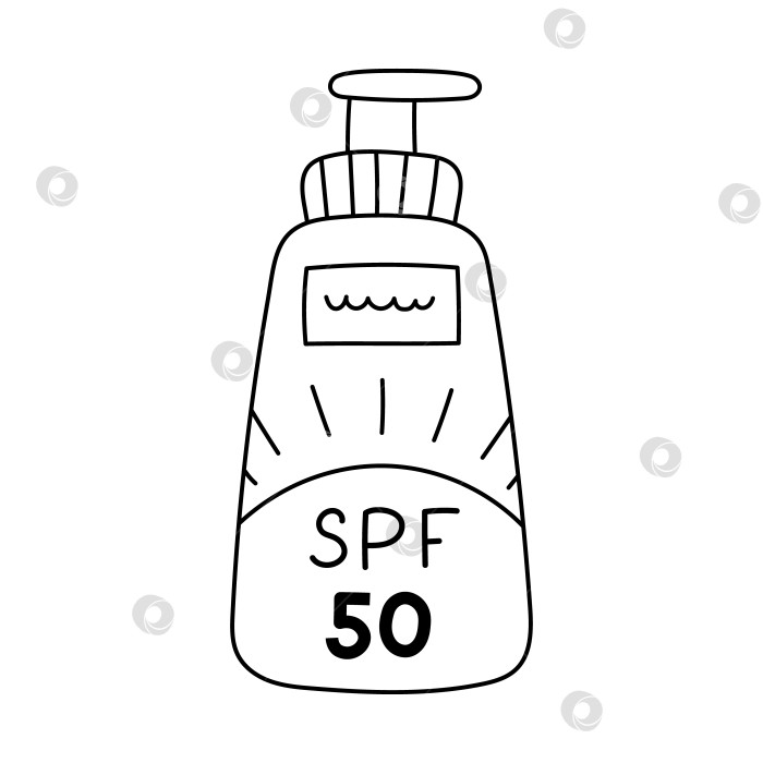 Скачать Красивый черно-белый крем с защитой от солнца SPF 50 с помадой и этикеткой. Симпатичный солнцезащитный крем с ручной росписью для отпуска и выходных на пляже. На заднем плане выделена линия защиты от солнца и ультрафиолетовых лучей. фотосток Ozero