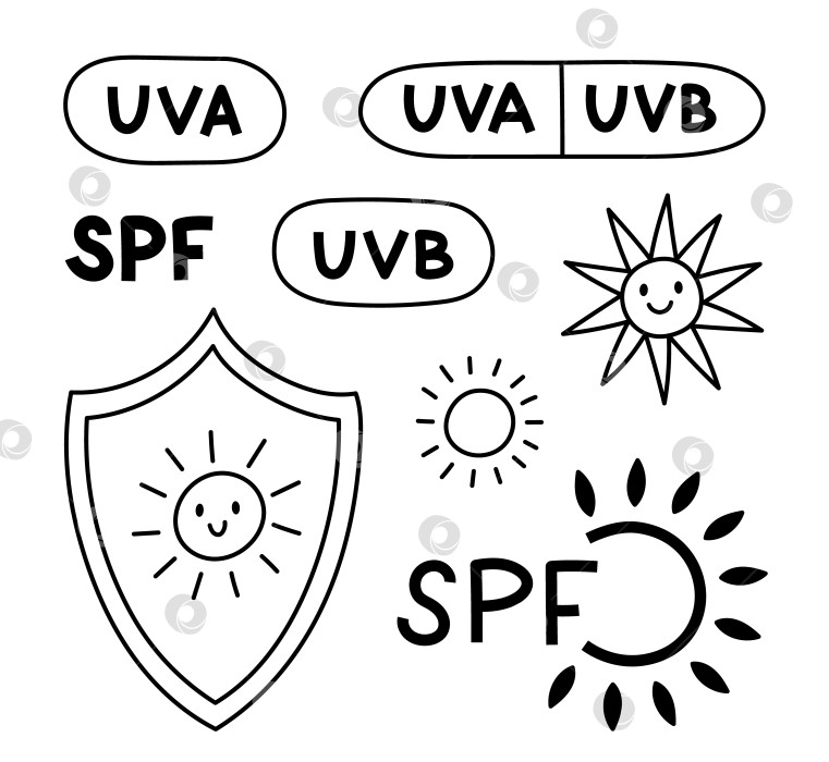 Скачать Очаровательная линейка с символами защиты SPF. Детские рисунки от руки с изображением щита от солнца, пузырьки с обозначениями UVA и UVB для солнцезащитного крема, солнцезащитный продукт, выделенный на белом фоне. фотосток Ozero