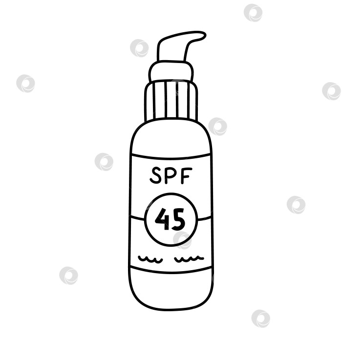 Скачать Солнцезащитный крем для лица Lovely line doodle с SPF 45 для ухода за кожей и предотвращения солнечных ожогов. Модный лосьон с нанесенным вручную рисунком от ультрафиолетовых лучей. Защитное косметическое средство, выделенное на белом фоне. фотосток Ozero