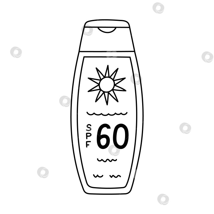 Скачать Солнцезащитный крем с простым контуром и SPF 60 на этикетке sun on. Косметическое средство по уходу за кожей для защиты от ультрафиолетовых лучей. Летний рисунок на тюбике, изображающий море и пляжный отдых, выделенный на белом фоне. фотосток Ozero