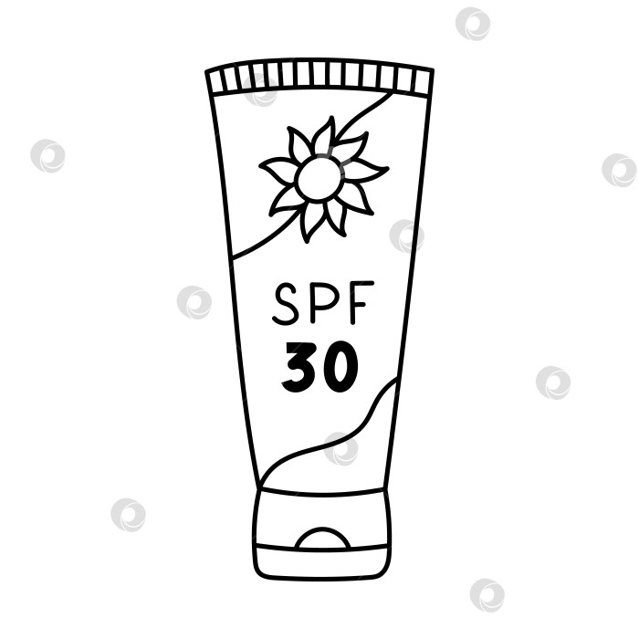 Скачать Прекрасный тюбик солнцезащитного крема с защитой от солнца SPF 30 для защиты от солнца и профилактики рака. Защитный крем с детским рисунком от руки для летнего отдыха и жаркой погоды. Рисунок солнцезащитного крема на белом фоне. фотосток Ozero