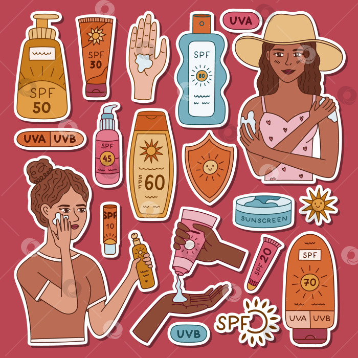 Скачать Большой набор красочных наклеек-каракулей с косметикой SPF, для нанесения солнцезащитного крема на ежедневники, блокноты, ежедневнички. Готов к печати набор наклеек с кремом, спреем, тюбиками для летнего отдыха, нарисованных от руки. фотосток Ozero