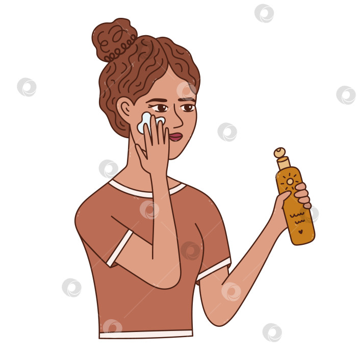 Скачать Красочная леди из линейки Line lady наносит крем для загара на лицо. Очаровательная молодая женщина, нарисованная от руки, защищает кожу от опасных ультрафиолетовых лучей, рака и старения. Рисунок по уходу за кожей, выделенный на белом фоне. фотосток Ozero