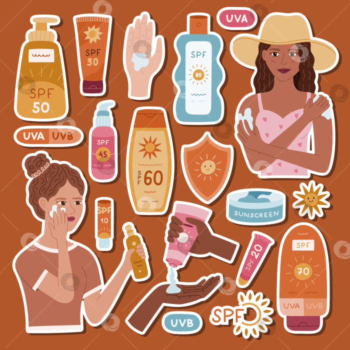 Скачать Большой набор мультяшных наклеек с SPF-защитой для ежедневников и блокнотов. Готов к печати набор милых наклеек, нарисованных от руки, на которых женщины наносят солнцезащитный крем, различные тюбики и бутылочки с кремом для загара. фотосток Ozero