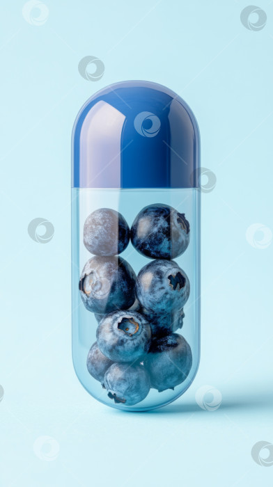 Скачать Ягоды черники в прозрачной капсуле на светло-голубом фоне фотосток Ozero