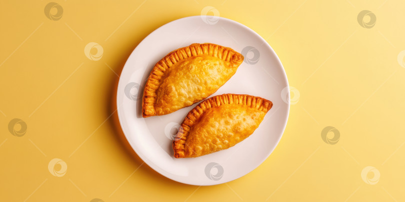 Скачать Кулинарное искусство в стиле минимализма. Золотистые эмпанады на белой керамической тарелке на желтом фоне фотосток Ozero