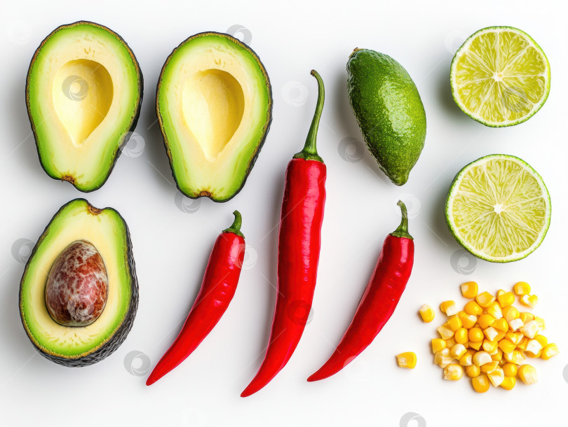 Скачать Композиция из авокадо, чили, лайма и кукурузы. Традиционные латиноамериканские ингредиенты фотосток Ozero