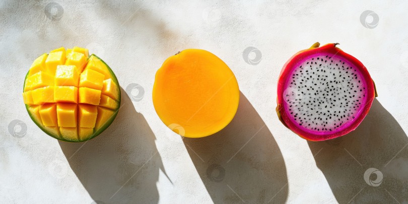 Скачать Яркая витрина с тропическими фруктами в сочетании с манго, папайей и драконьими фруктами фотосток Ozero