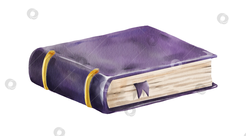 Скачать Закрытая акварельная книга заклинаний с фиолетовой обложкой и золотыми полосами, выделенными на белом фоне. Отлично подходит для наборов наклеек на Хэллоуин, магических элементов и иллюстраций на тему фэнтези. фотосток Ozero