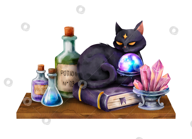 Скачать Акварельная иллюстрация: черная кошка, лежащая на книге заклинаний, окруженная зельями, розовыми кристаллами и светящимся хрустальным шаром. Мистическая сцена колдовства на деревянной полке. фотосток Ozero