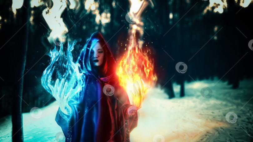 Скачать Косплей, фантастическая, художественная обработка фотографий. Девушка в черном одеянии, из ее рук исходит огонь фотосток Ozero