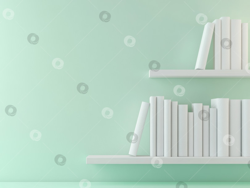 Скачать Минималистичная белая книжная полка на мягком пастельно-мятном фоне для современного дизайна интерьера фотосток Ozero