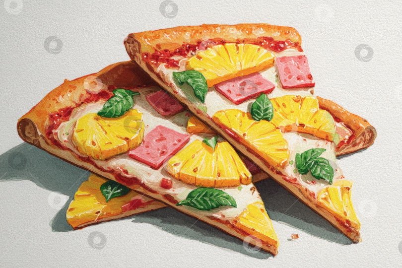 Скачать Кусочки тропической пиццы с ананасом, ветчиной и свежим базиликом, демонстрирующие яркие цвета и текстуру, идеально подходят для летних ужинов и кулинарных изысков. фотосток Ozero