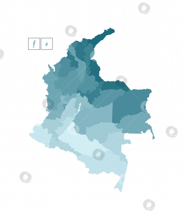Скачать Векторная изолированная иллюстрация упрощенной административной карты Колумбии. Границы департаментов (регионов). Красочные силуэты синего цвета цвета хаки фотосток Ozero